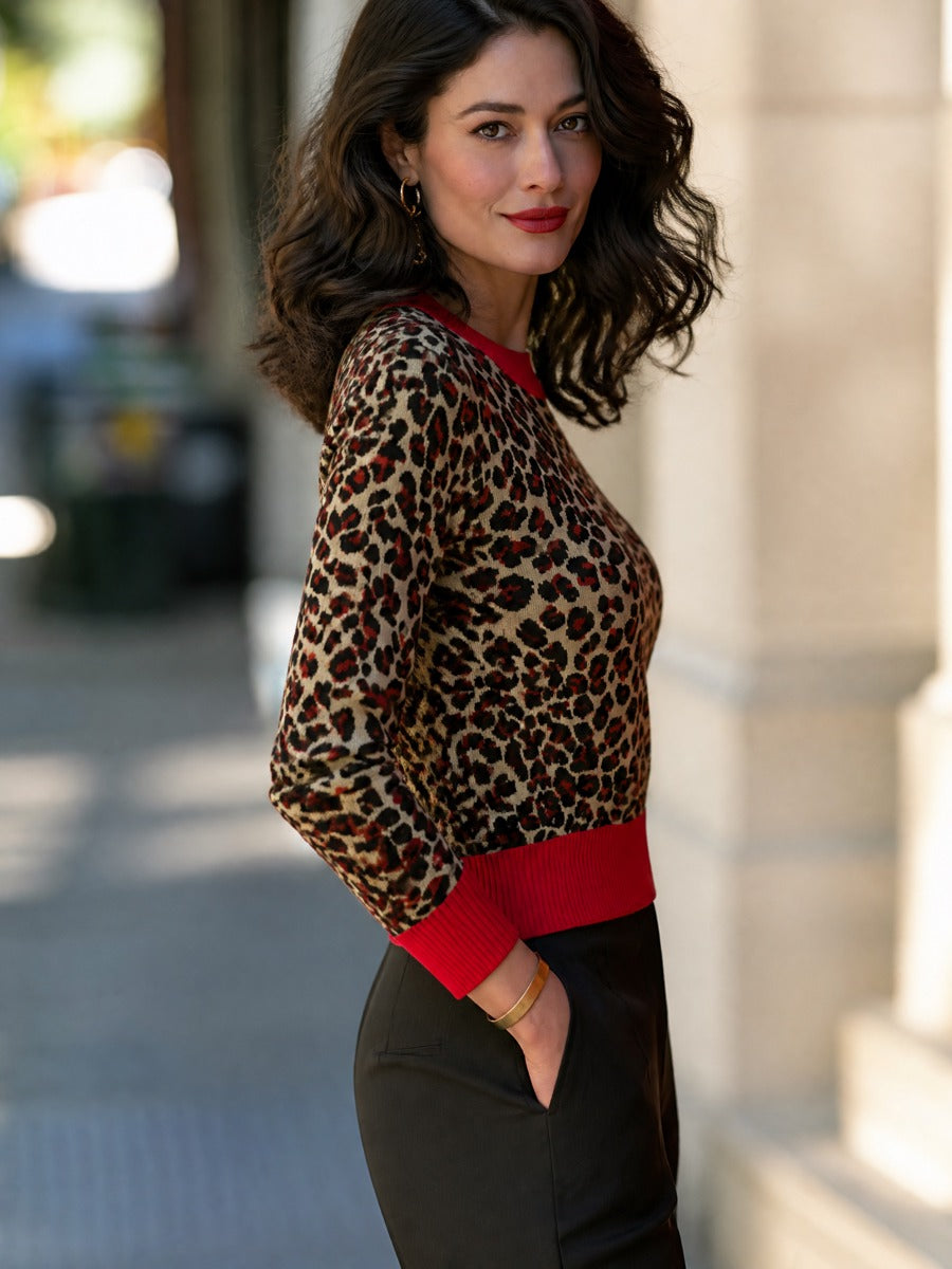 Leopard Print Knit Top Crew Neck with Contrast Ribbed Trim Long Sleeve for Women