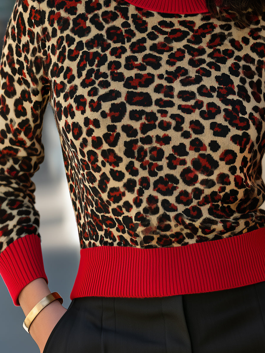 Leopard Print Knit Top Crew Neck with Contrast Ribbed Trim Long Sleeve for Women