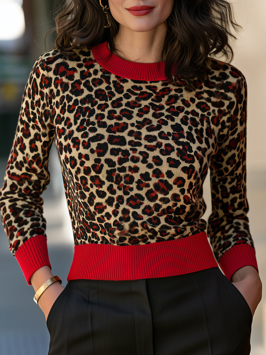 Leopard Print Knit Top Crew Neck with Contrast Ribbed Trim Long Sleeve for Women