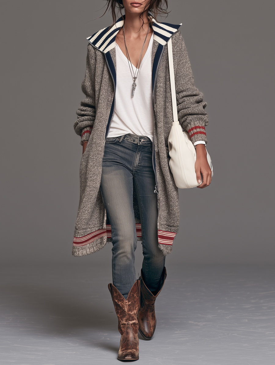 Striped Colour-Block Zip-Up Knit Cardigan in Mid Length with Vintage Look for Women