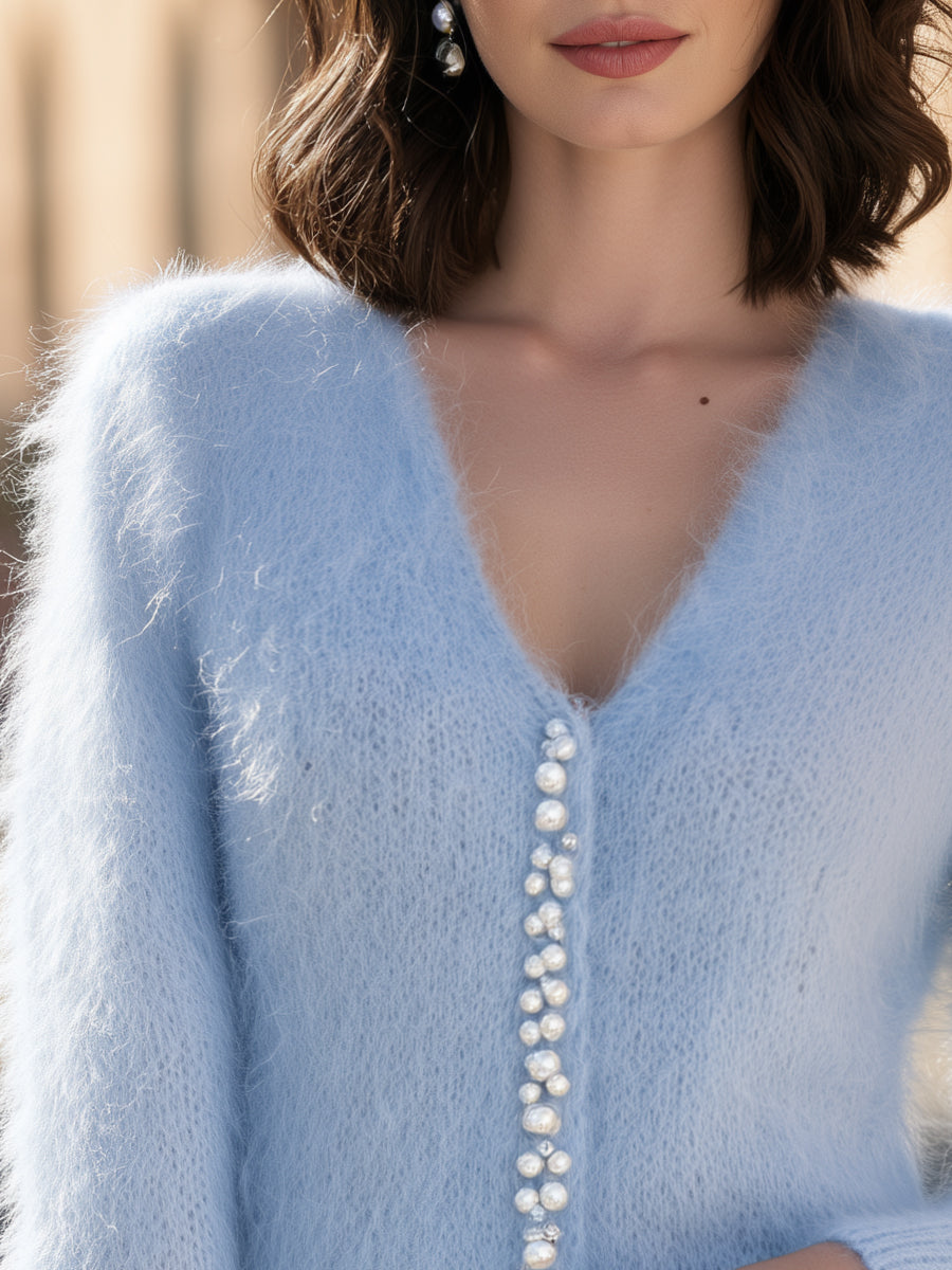 Fuzzy Knit V-Neck Cardigan with Pearl Embellishment for Women