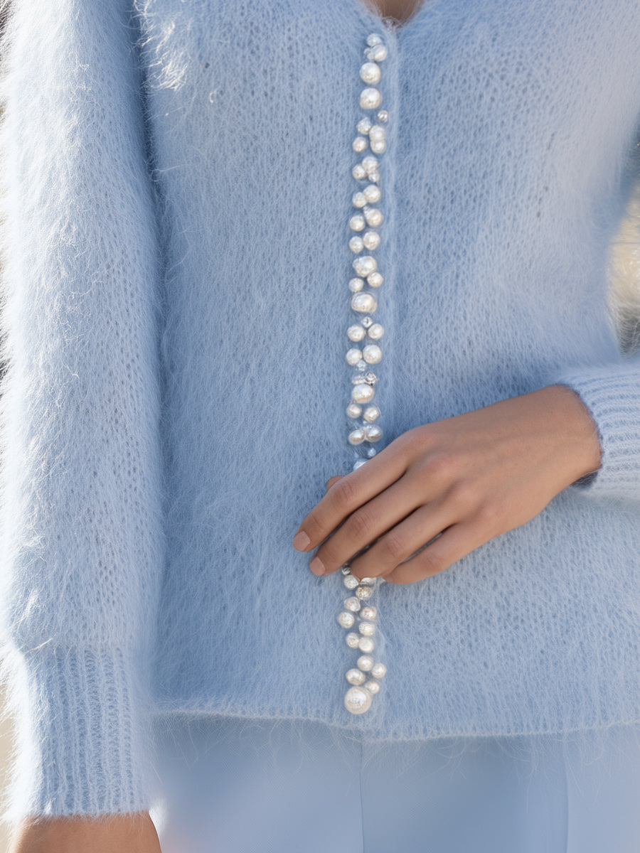 Fuzzy Knit V-Neck Cardigan with Pearl Embellishment for Women