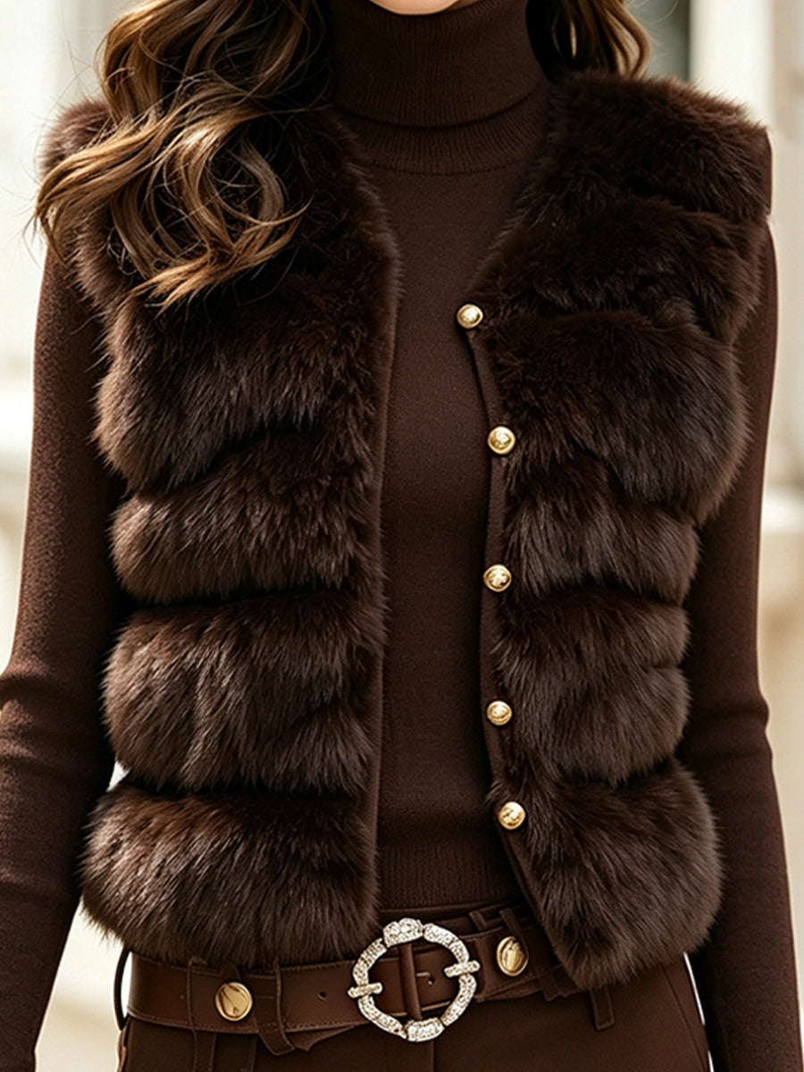 Faux Fur Gilet and Turtleneck Sweater Dress Two-Piece Set in Brown for Women