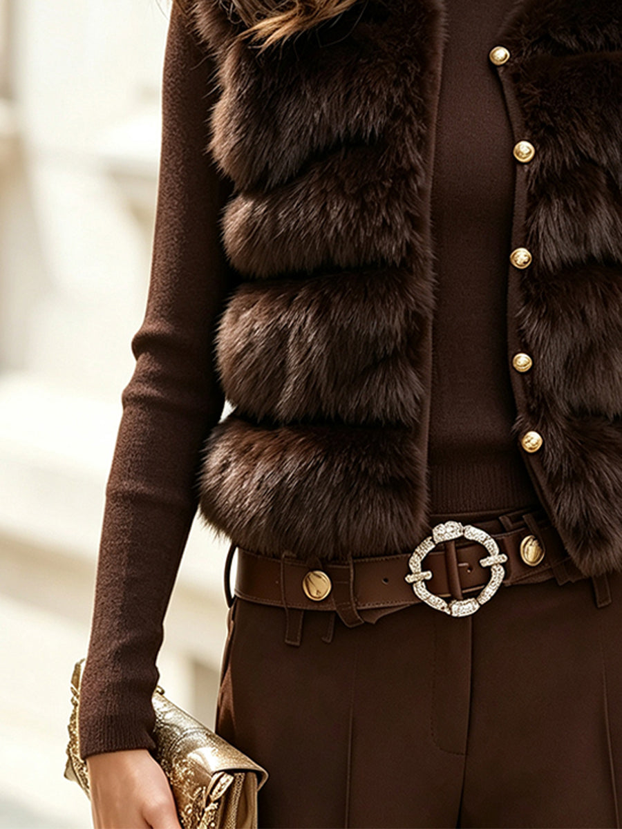 Faux Fur Gilet and Turtleneck Sweater Dress Two-Piece Set in Brown for Women