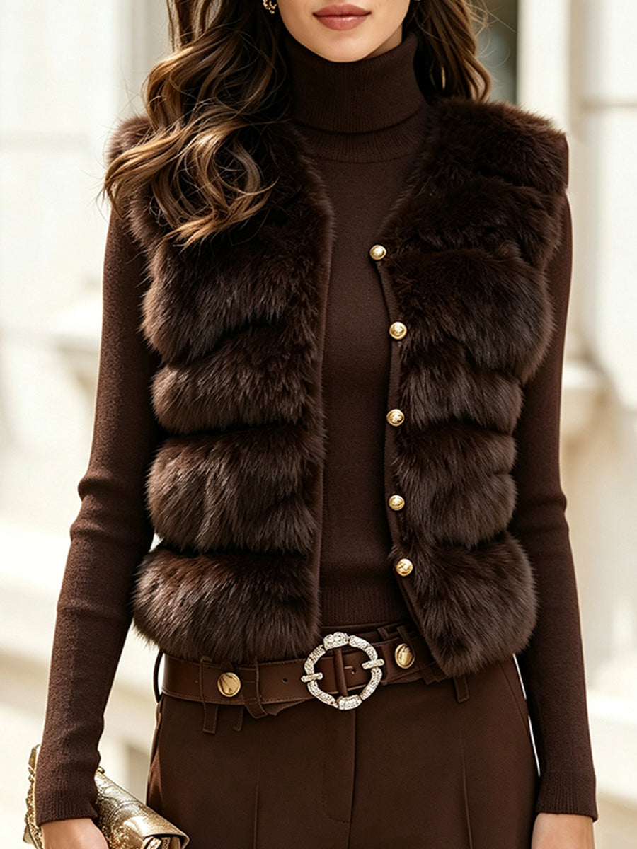 Faux Fur Gilet and Turtleneck Sweater Dress Two-Piece Set in Brown for Women