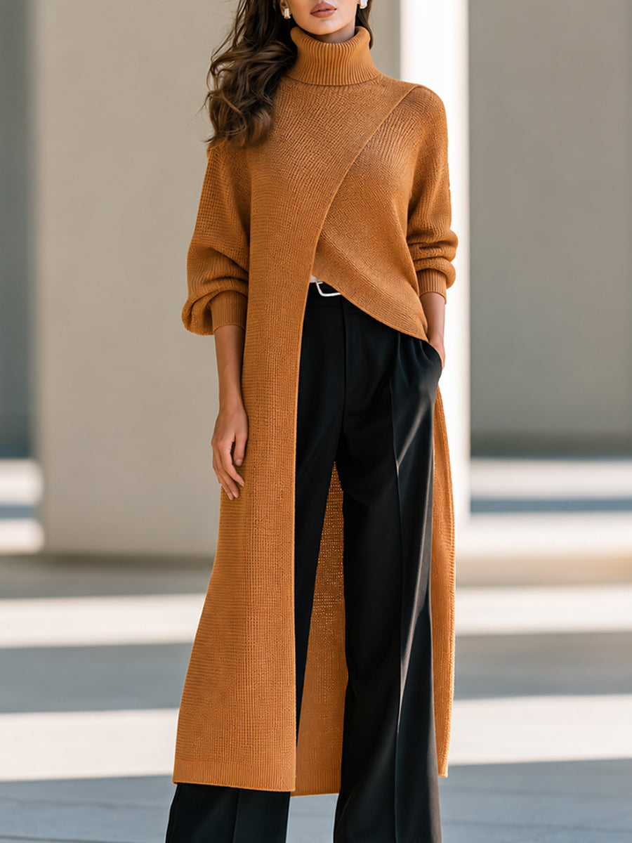 Asymmetric Wrap-Front Long Knit Top with Ribbed High Neck for Women