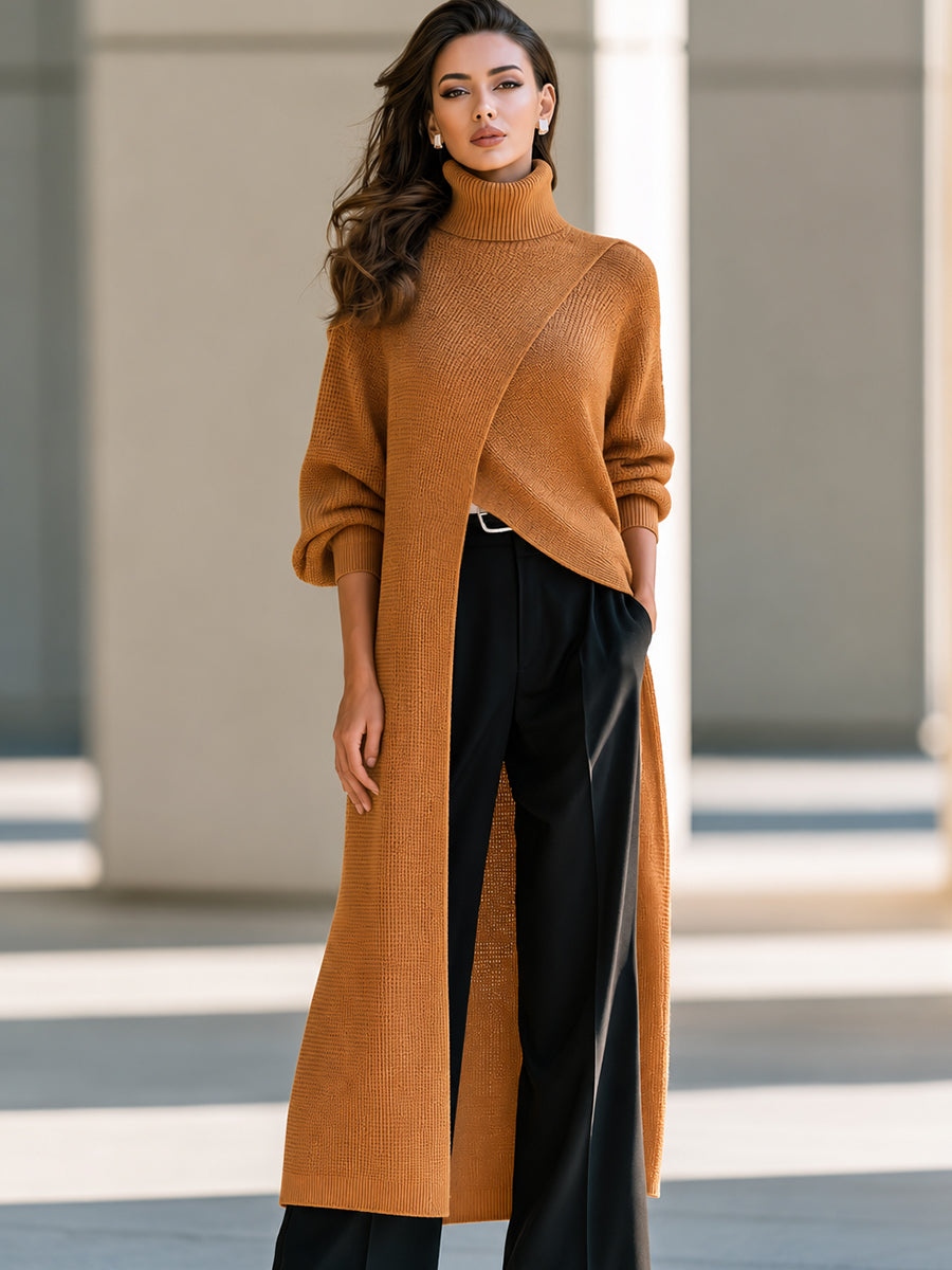 Asymmetric Wrap-Front Long Knit Top with Ribbed High Neck for Women