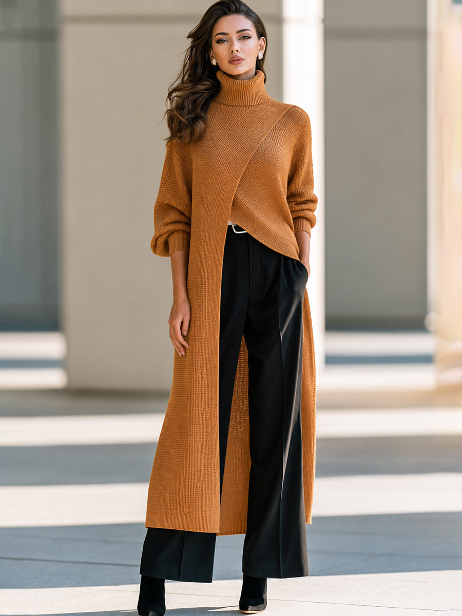 Asymmetric Wrap-Front Long Knit Top with Ribbed High Neck for Women