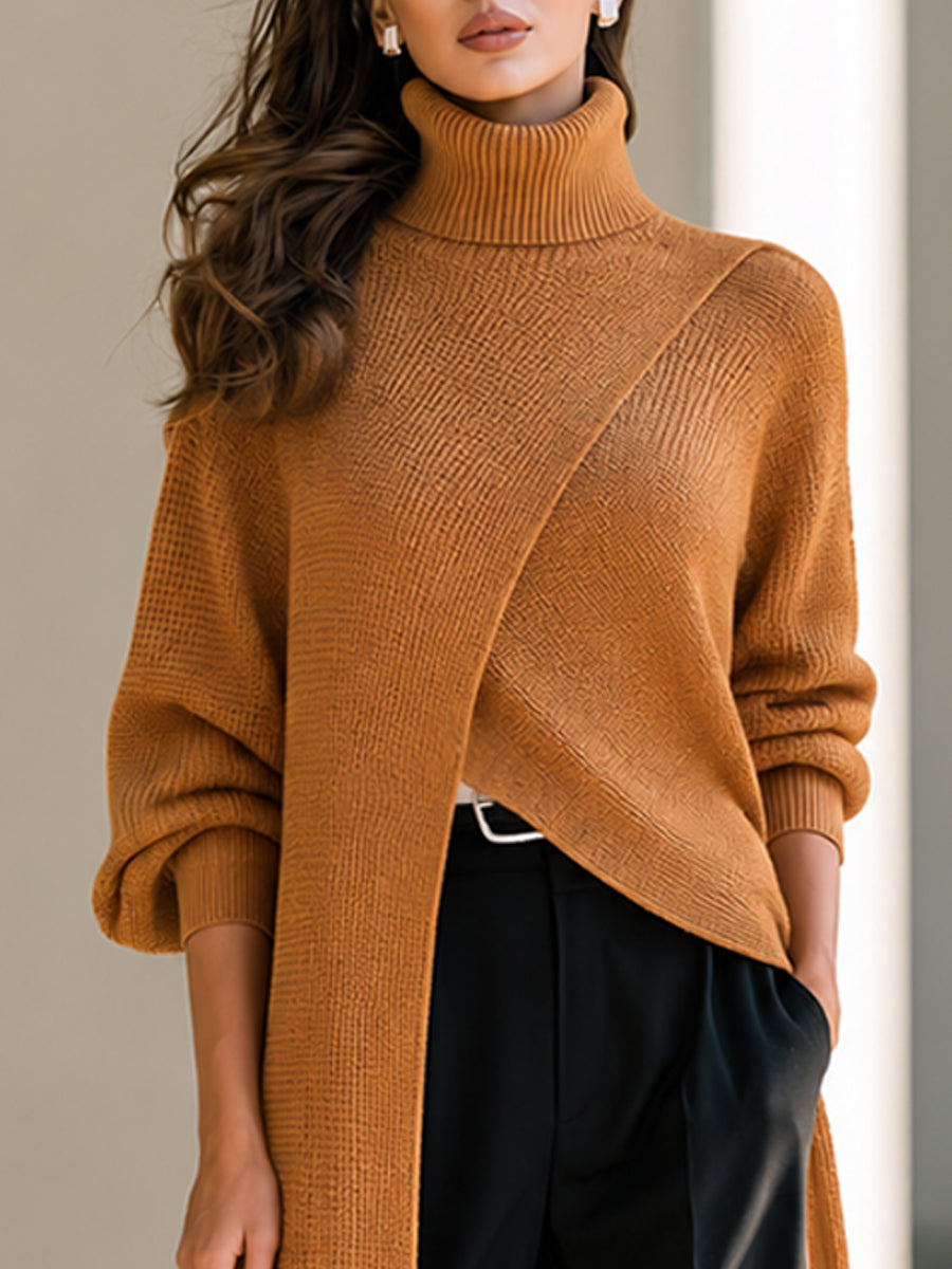 Asymmetric Wrap-Front Long Knit Top with Ribbed High Neck for Women