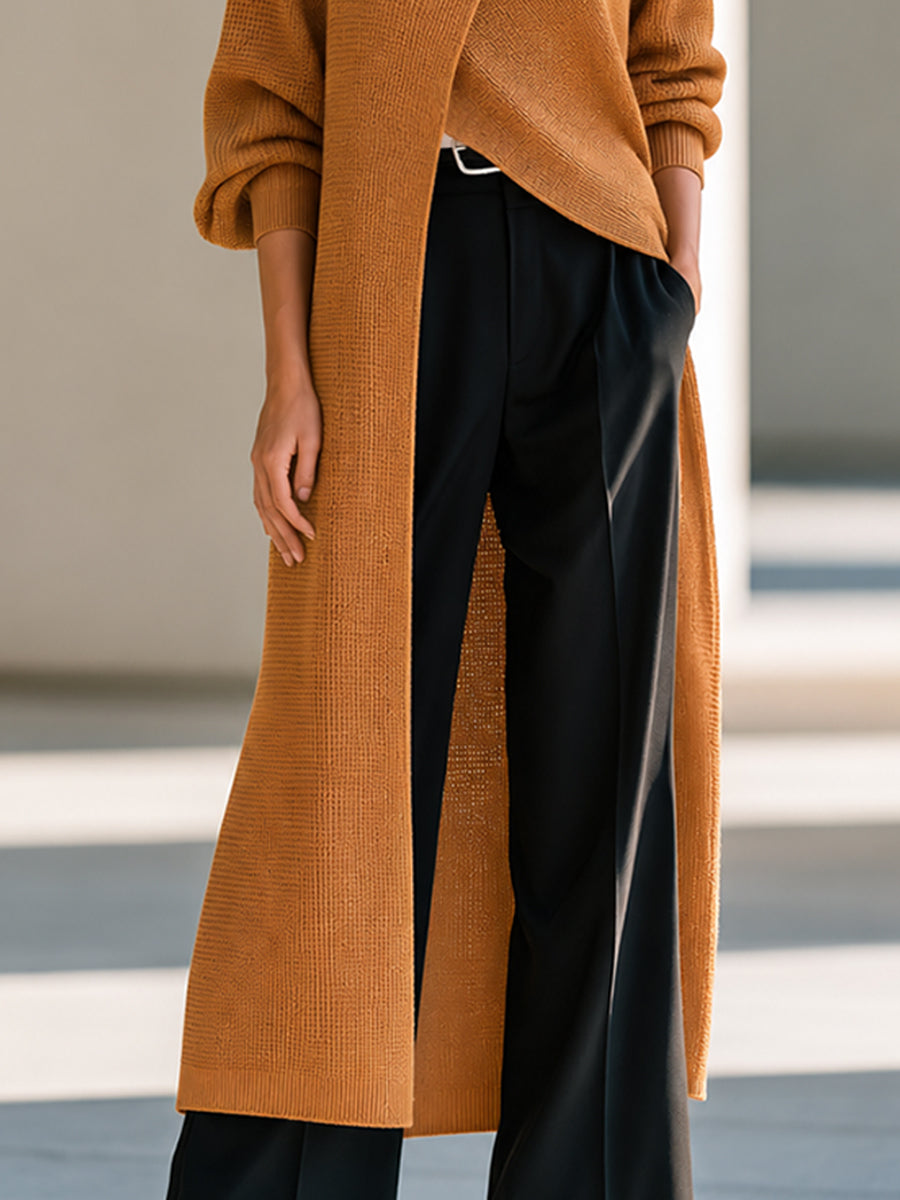 Asymmetric Wrap-Front Long Knit Top with Ribbed High Neck for Women