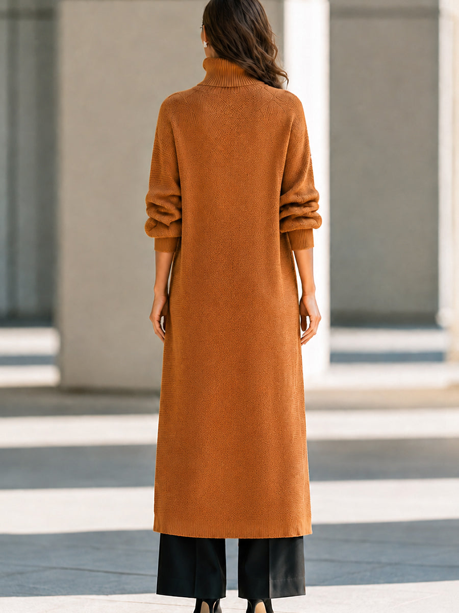 Asymmetric Wrap-Front Long Knit Top with Ribbed High Neck for Women