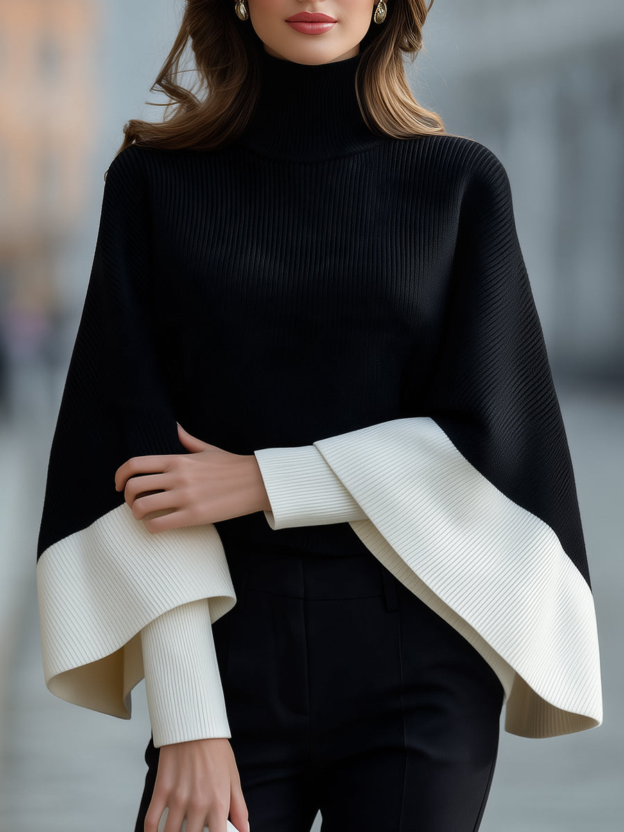 Turtleneck Cape Sweater with Batwing Overlay and Contrast Cuffs for Women