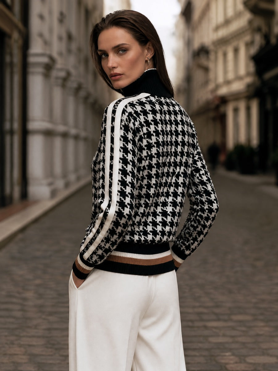 Houndstooth Knit Sweater with Quarter-Zip Stand Collar for Women