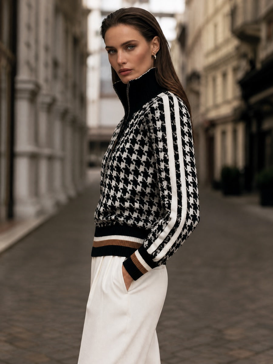 Houndstooth Knit Sweater with Quarter-Zip Stand Collar for Women