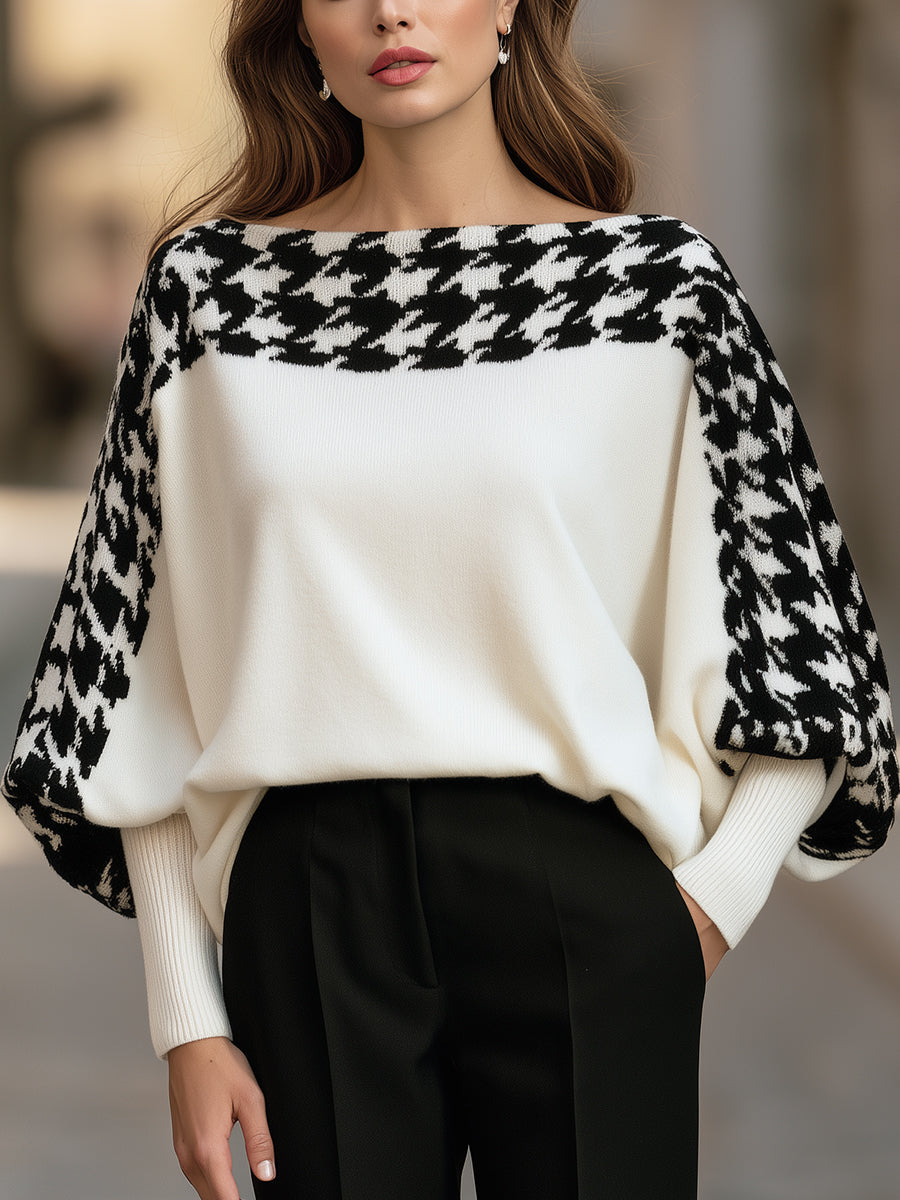Houndstooth Knit Sweater with Batwing Sleeves and Boat Neck for Women
