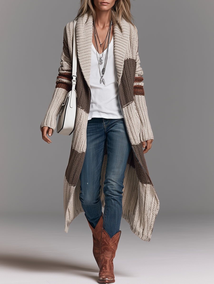 Long Zip-Up Knit Cardigan with Shawl Collar and Relaxed Fit for Women