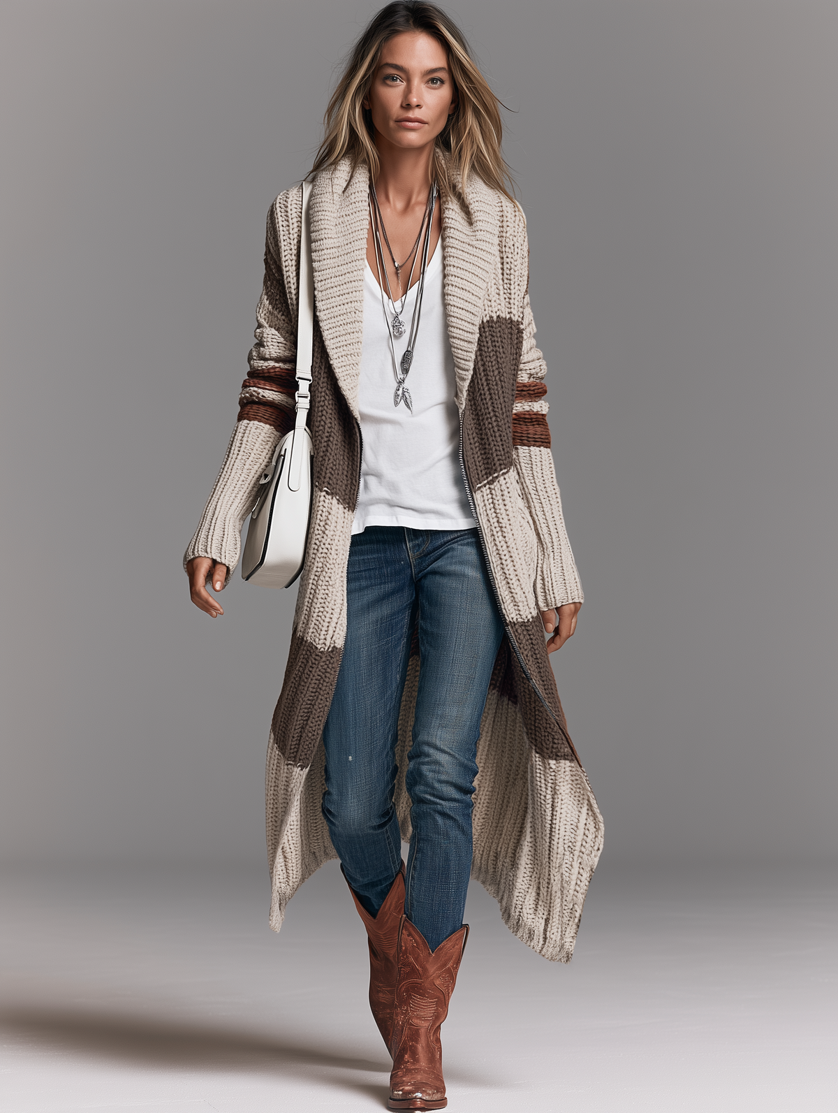 Long Zip-Up Knit Cardigan with Shawl Collar and Relaxed Fit for Women