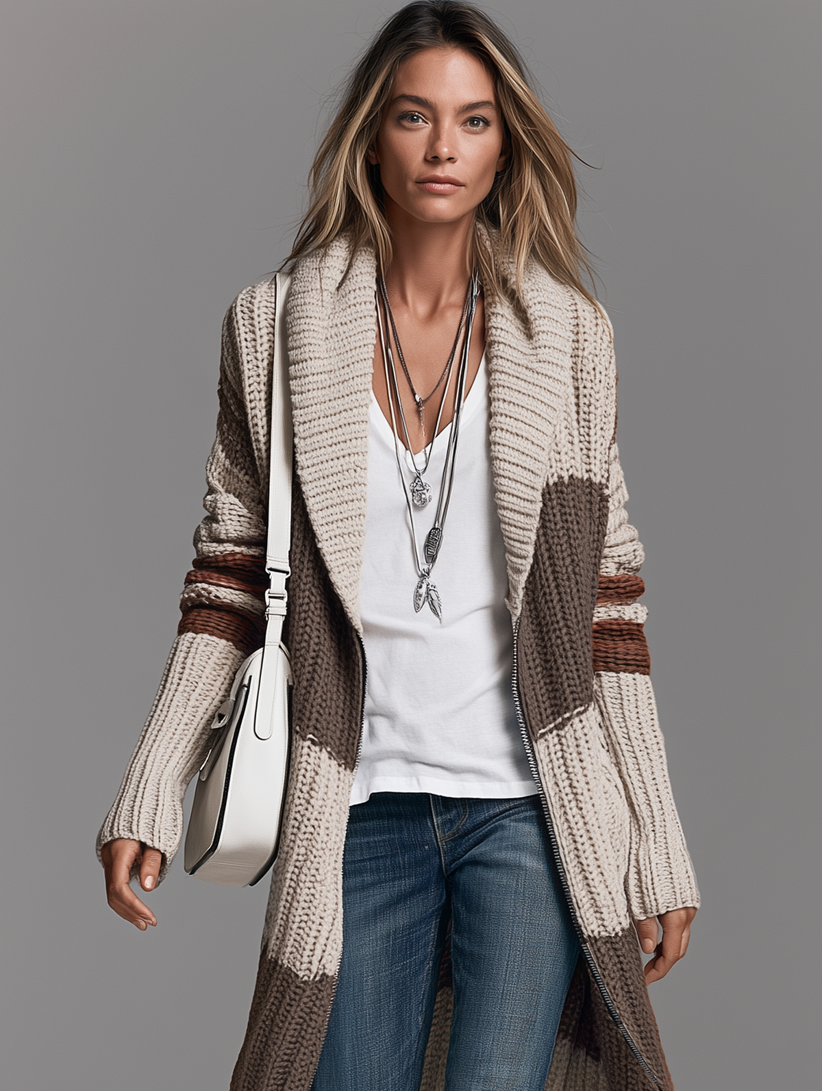 Long Zip-Up Knit Cardigan with Shawl Collar and Relaxed Fit for Women