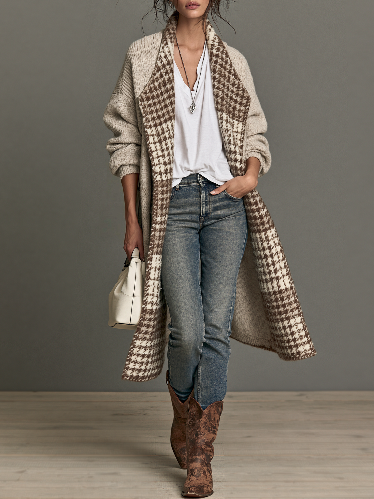 Houndstooth Knit Cardigan with Lapel Collar and Tailored Fit for Women