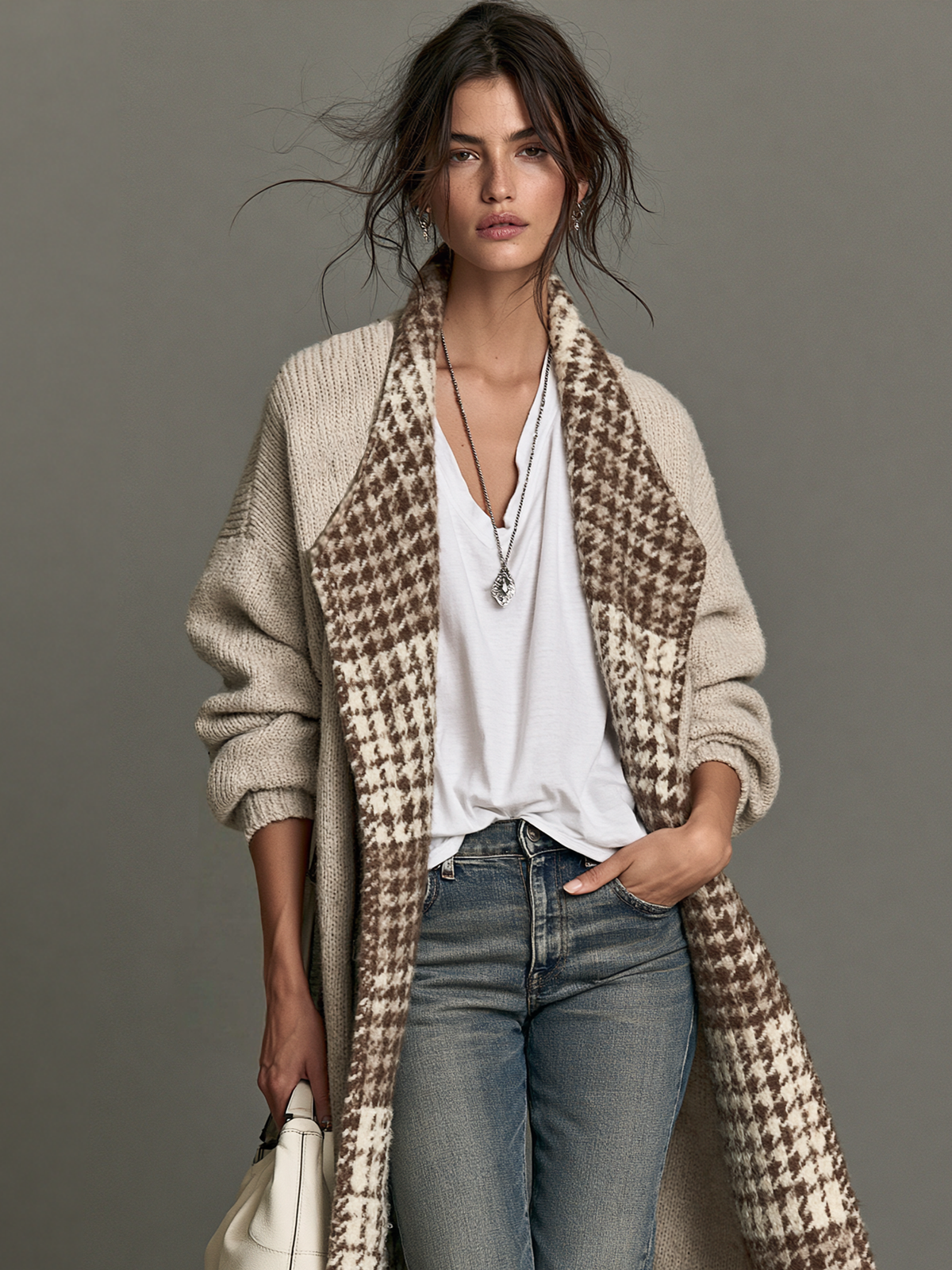Houndstooth Knit Cardigan with Lapel Collar and Tailored Fit for Women