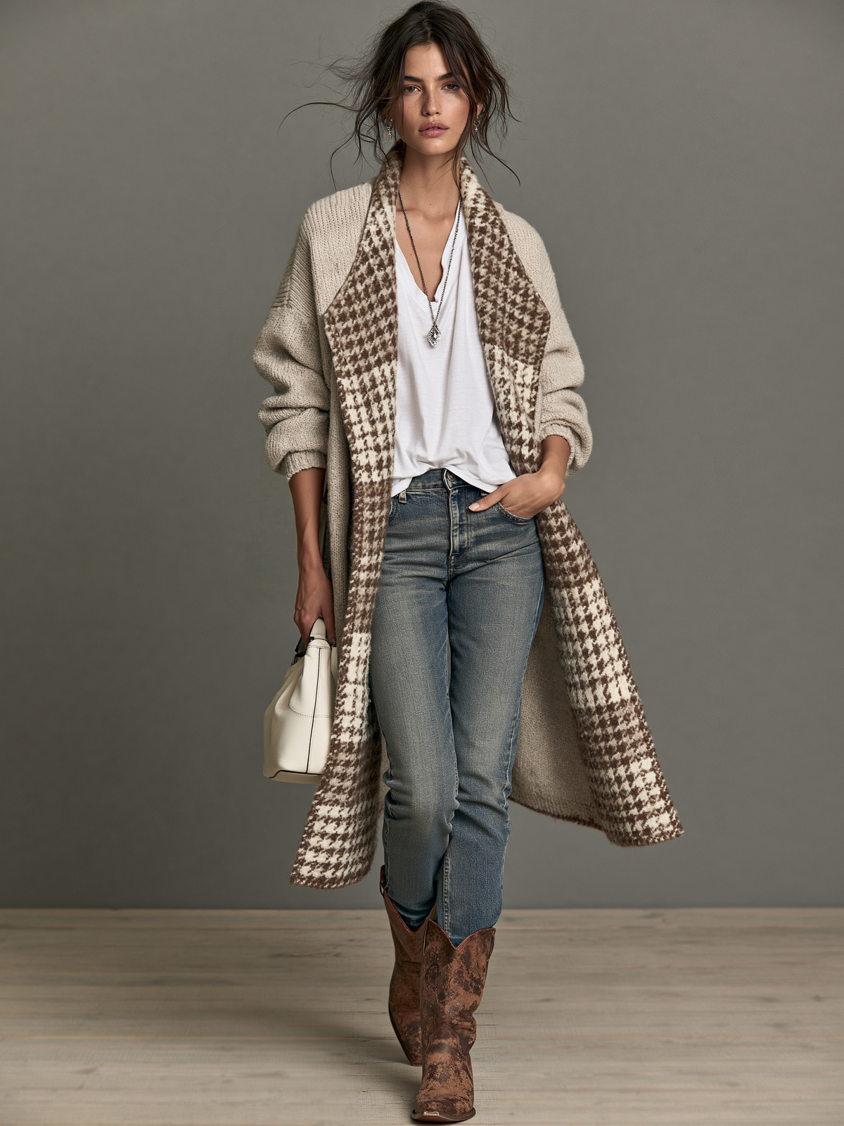 Houndstooth Knit Cardigan with Lapel Collar and Tailored Fit for Women