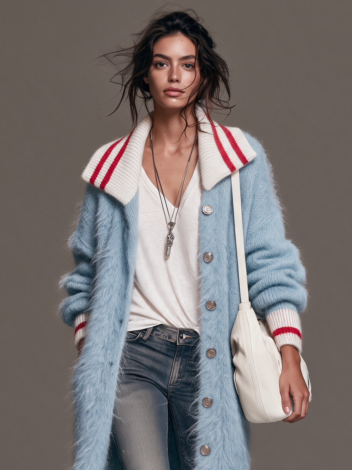 Mohair-Blend Knit Cardigan with Lapel Collar and Single-Breasted Front for Women