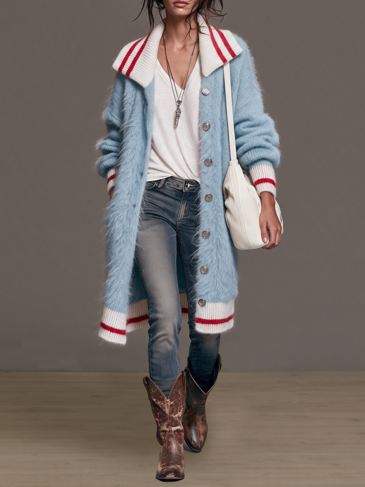 Mohair-Blend Knit Cardigan with Lapel Collar and Single-Breasted Front for Women