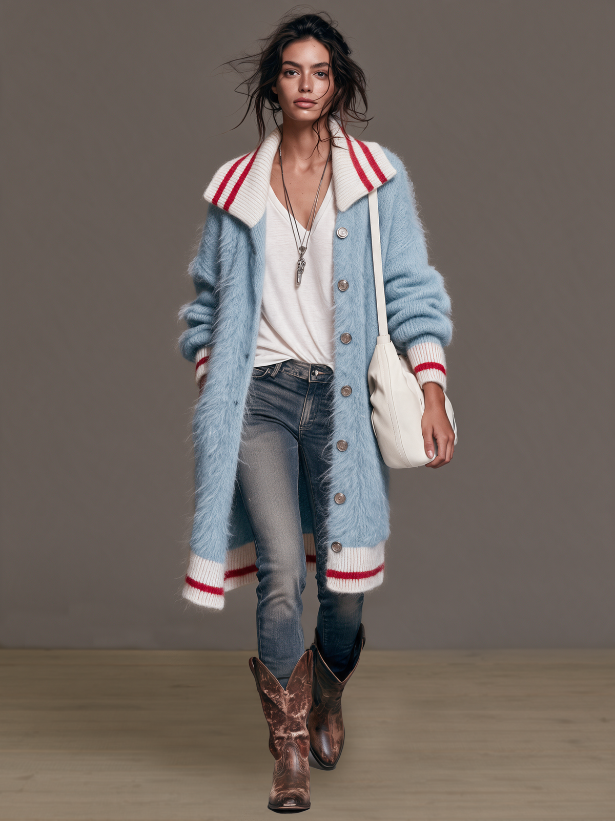 Mohair-Blend Knit Cardigan with Lapel Collar and Single-Breasted Front for Women