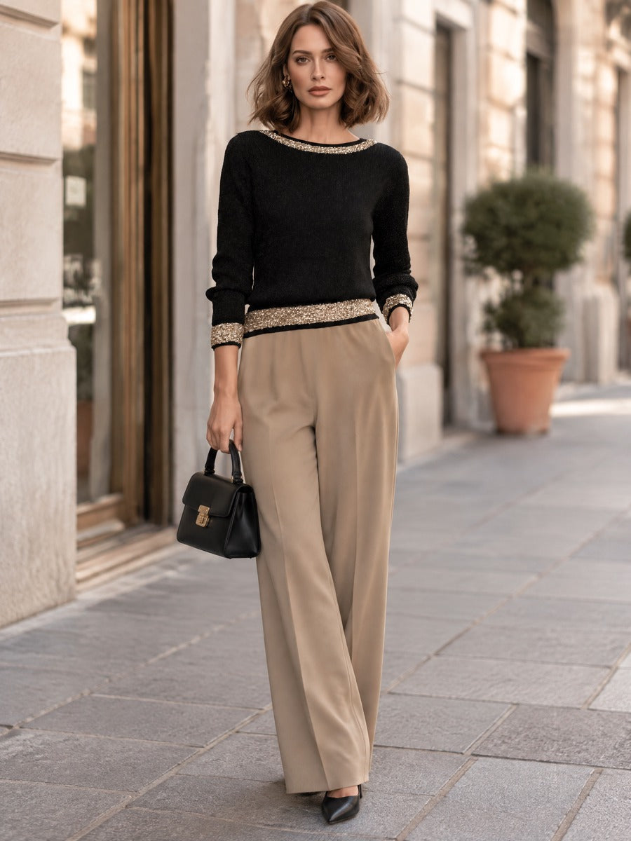 Boat Neck Knit Sweater with Sequin Trim Long Sleeve for Women
