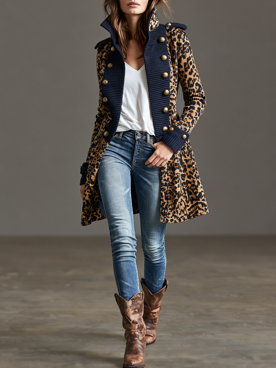 Leopard Print Colour-Block Knit Cardigan with Napoleon-Style Front for Women