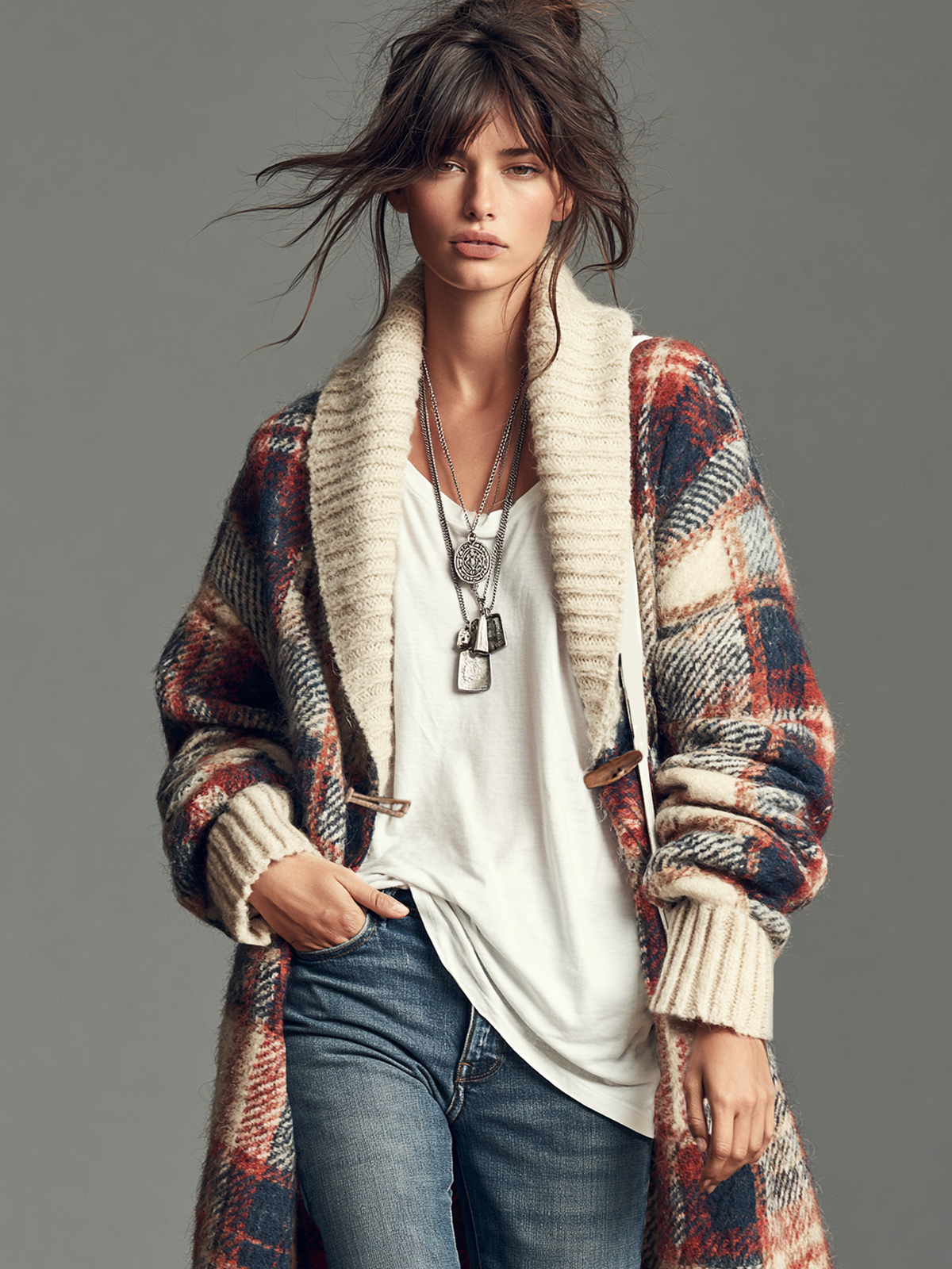 Plaid Jacquard Knit Cardigan with Shawl Collar and Toggle Fastenings for Women