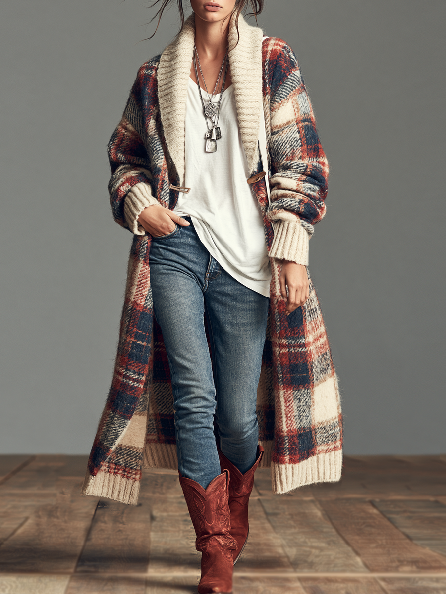 Plaid Jacquard Knit Cardigan with Shawl Collar and Toggle Fastenings for Women