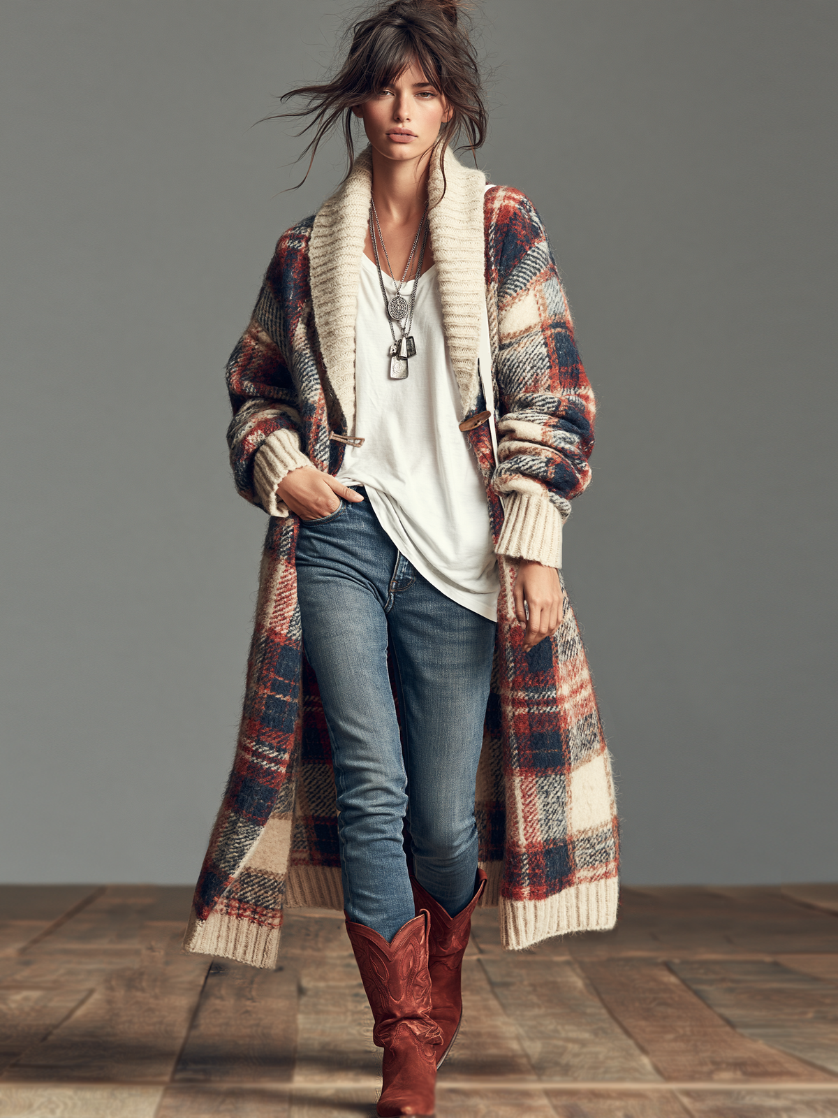 Plaid Jacquard Knit Cardigan with Shawl Collar and Toggle Fastenings for Women