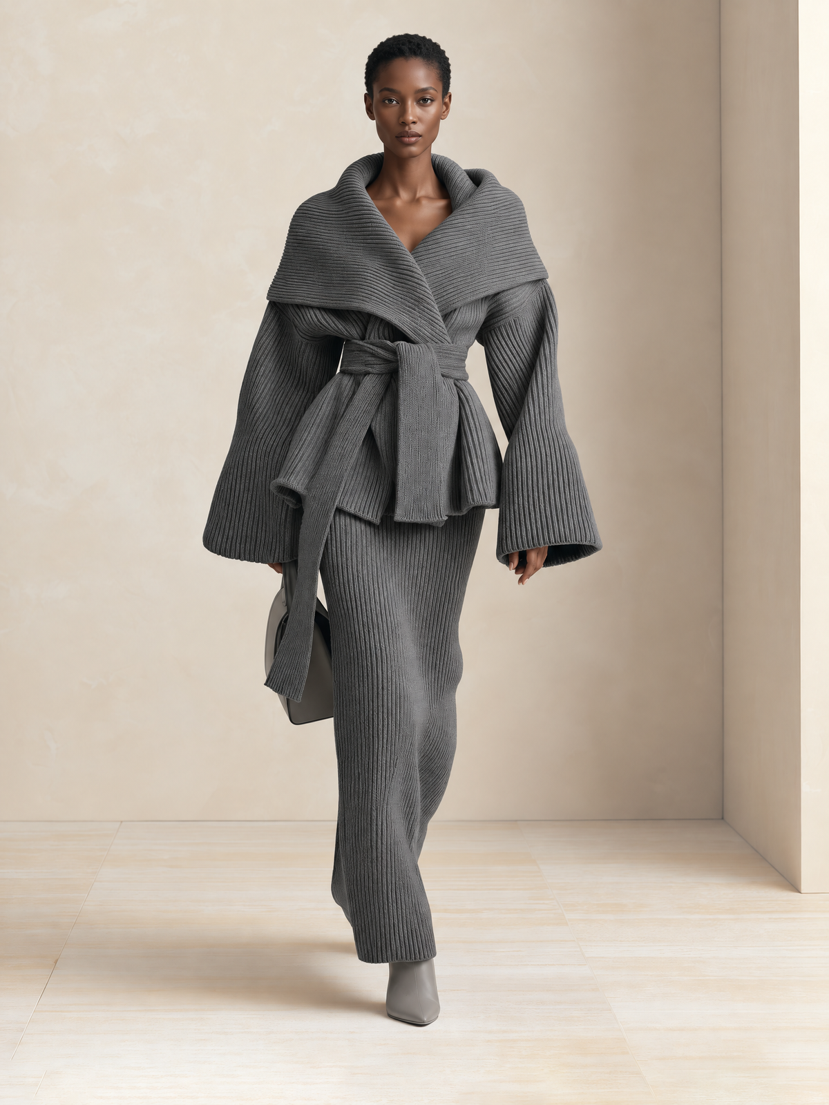 Chunky Ribbed Knit Wrap Cardigan in Grey with Shawl Collar and Tie Belt for Women