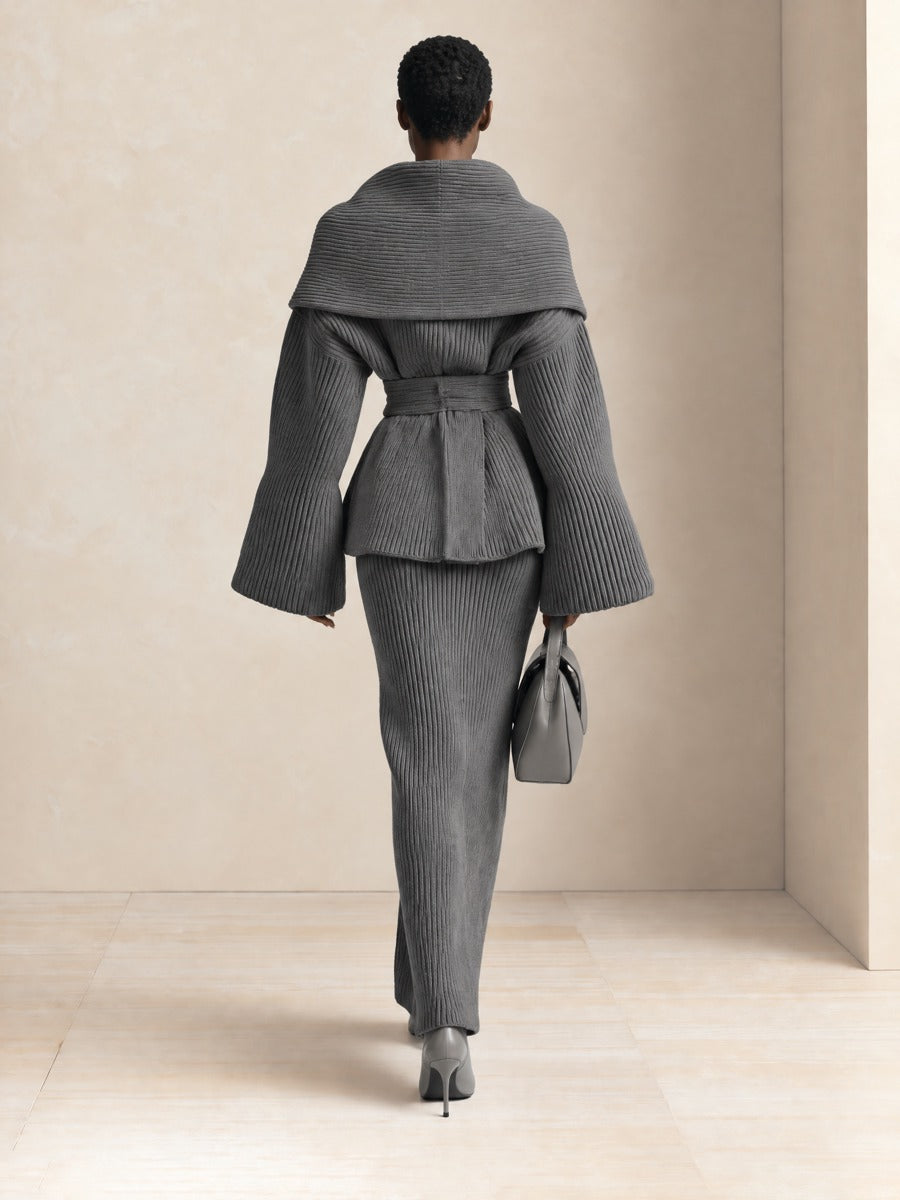 Chunky Ribbed Knit Wrap Cardigan in Grey with Shawl Collar and Tie Belt for Women