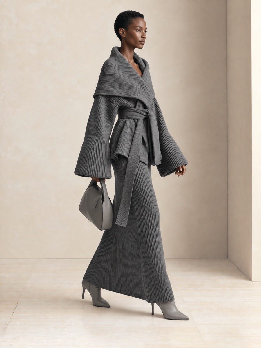 Chunky Ribbed Knit Wrap Cardigan in Grey with Shawl Collar and Tie Belt for Women