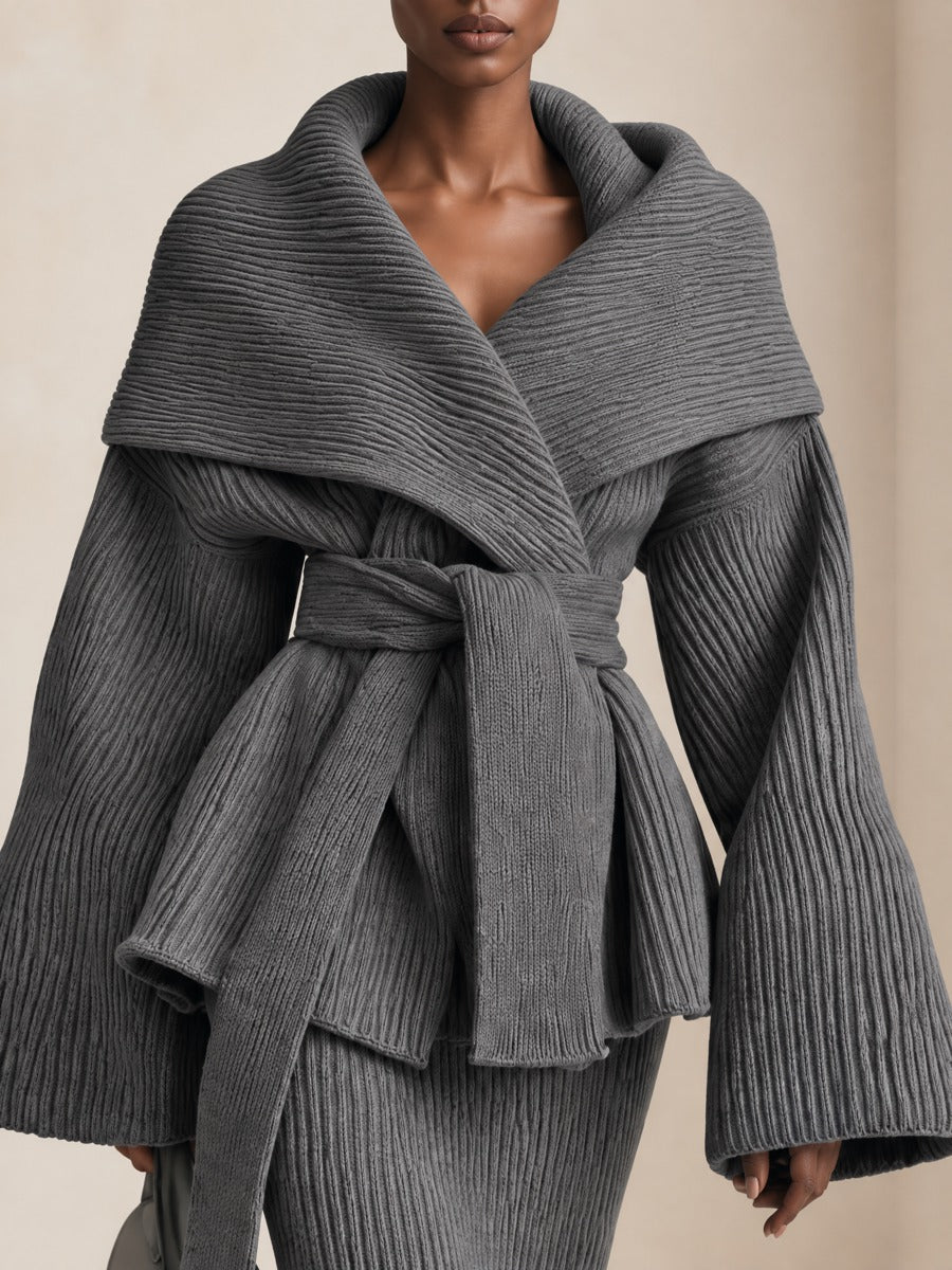 Chunky Ribbed Knit Wrap Cardigan in Grey with Shawl Collar and Tie Belt for Women