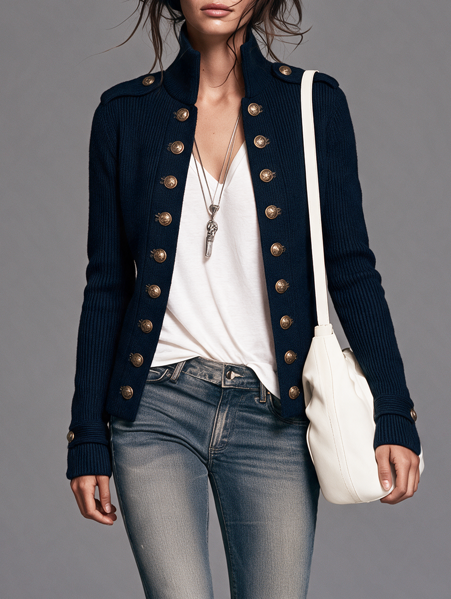 Knit Cardigan with Stand Neck and Decorative Double-Breasted Buttons in Vintage Style for Women