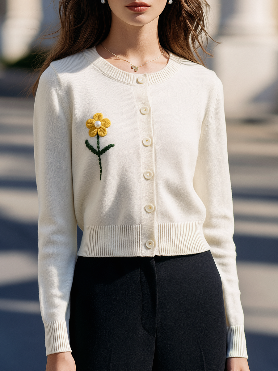 Button-Front Knit Cardigan with Embroidered Crochet Flower Detail for Women