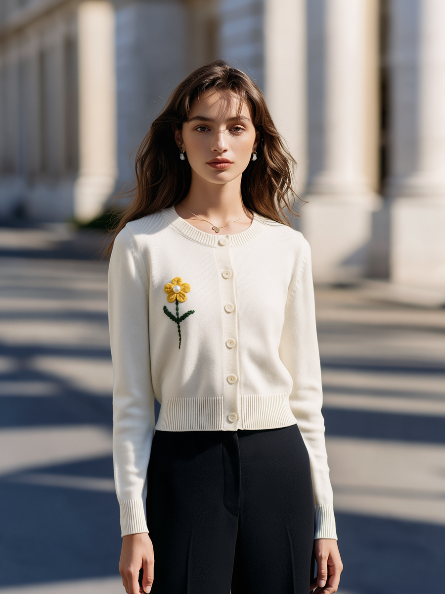 Button-Front Knit Cardigan with Embroidered Crochet Flower Detail for Women