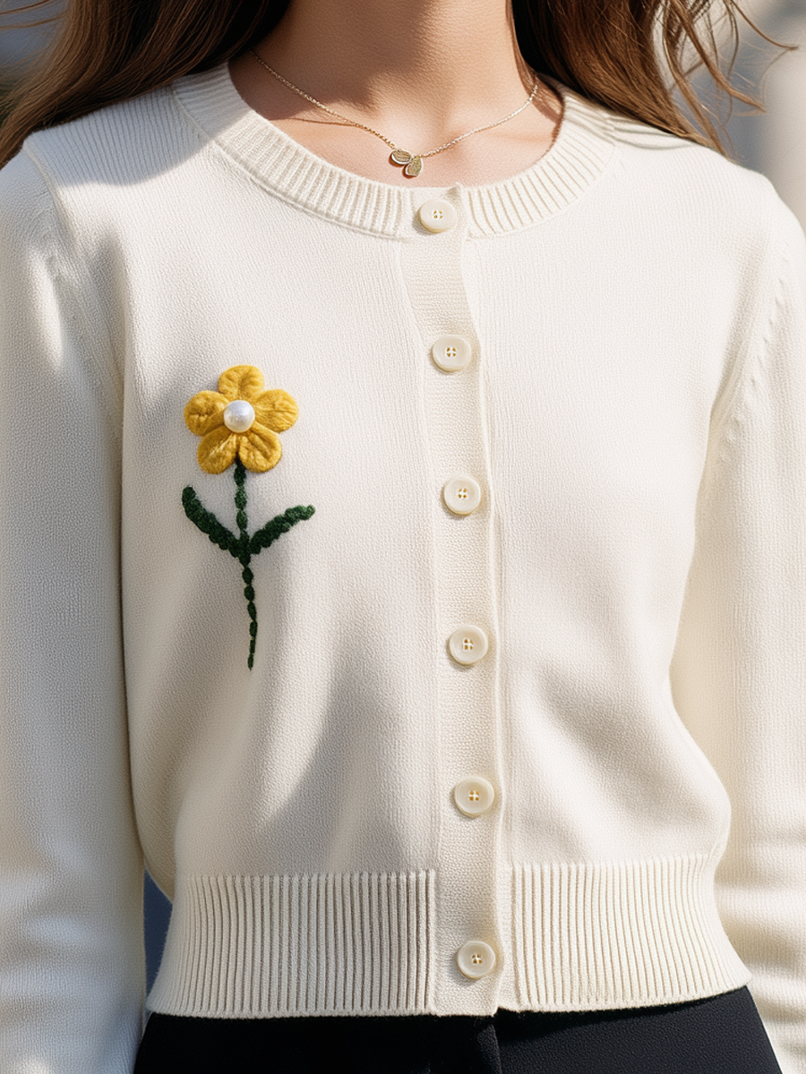 Button-Front Knit Cardigan with Embroidered Crochet Flower Detail for Women