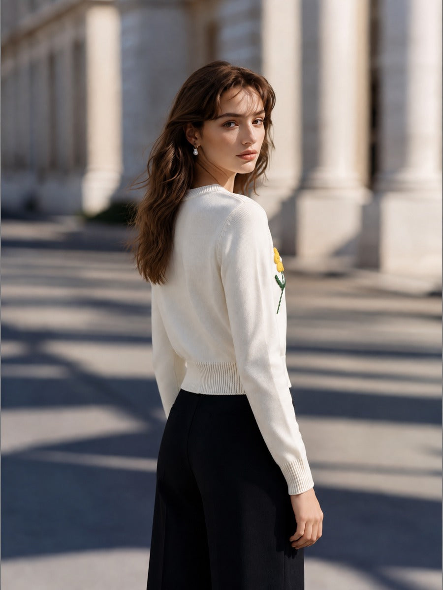 Button-Front Knit Cardigan with Embroidered Crochet Flower Detail for Women