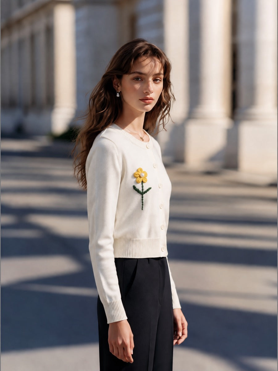 Button-Front Knit Cardigan with Embroidered Crochet Flower Detail for Women