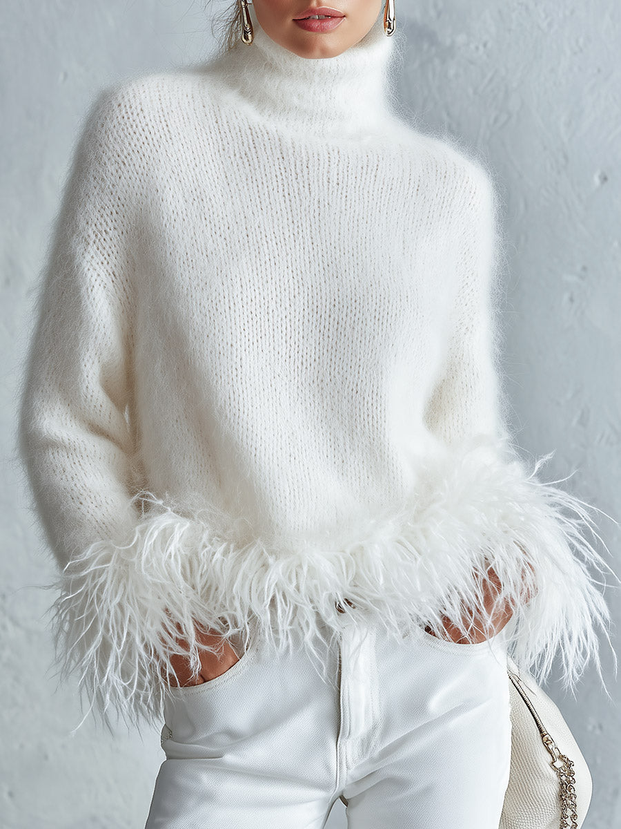 White Mohair Turtleneck Sweater with Faux Feather Hem Slim Fit for Women