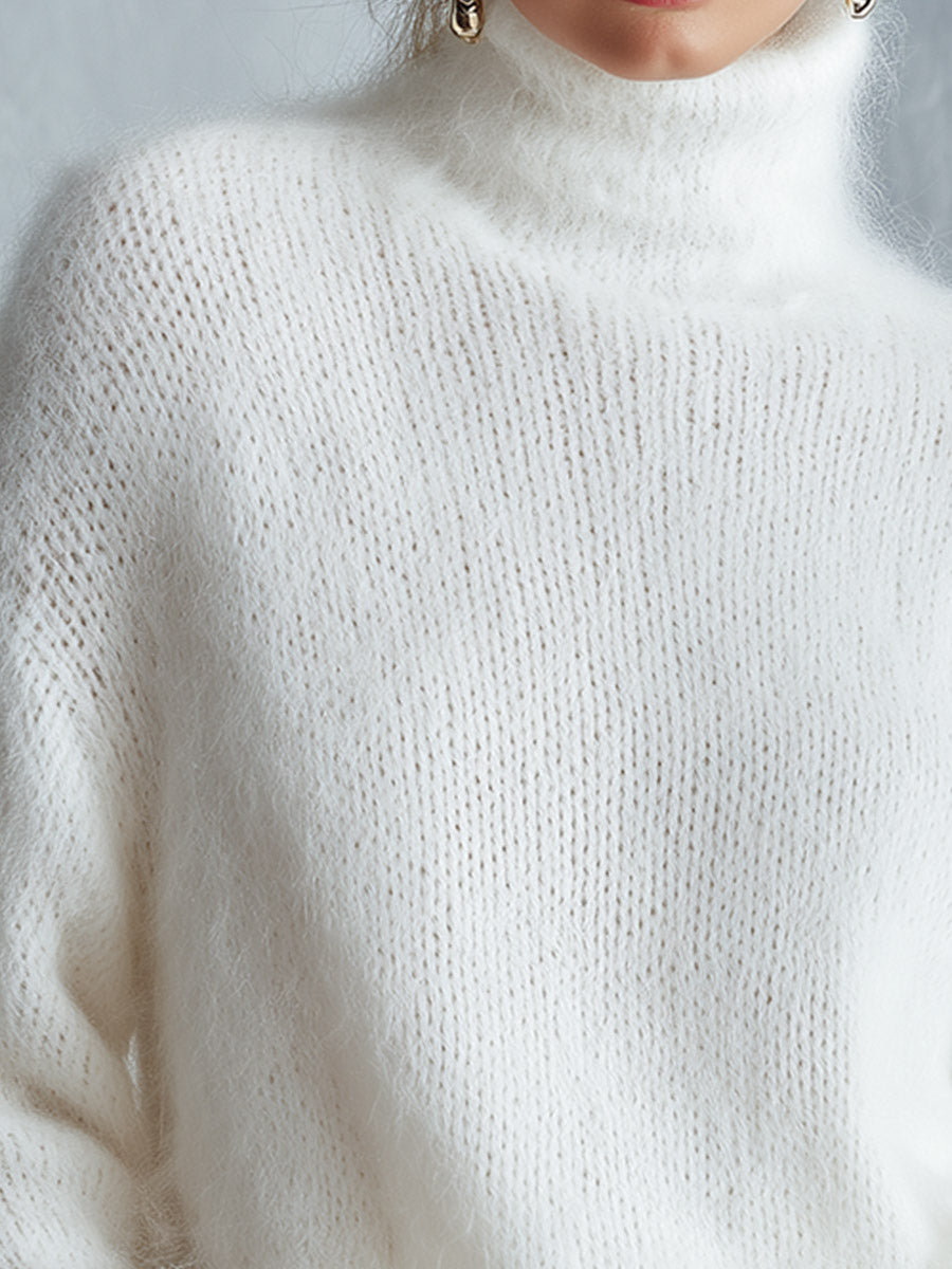 White Mohair Turtleneck Sweater with Faux Feather Hem Slim Fit for Women