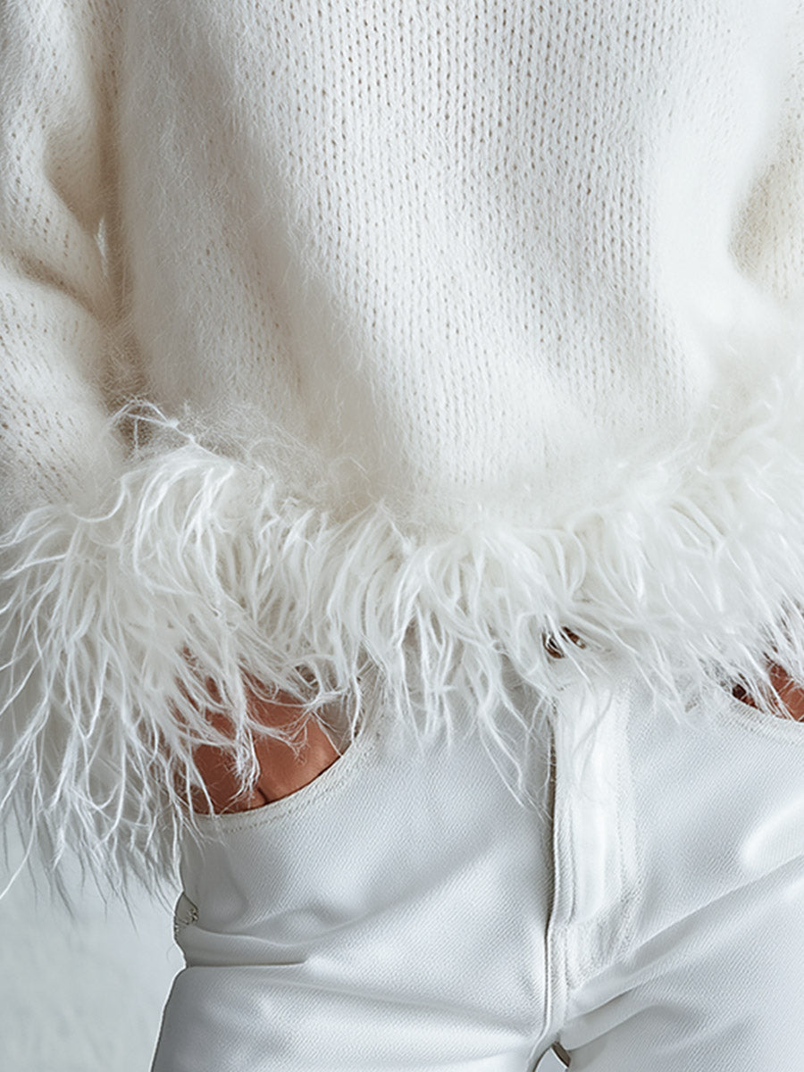 White Mohair Turtleneck Sweater with Faux Feather Hem Slim Fit for Women