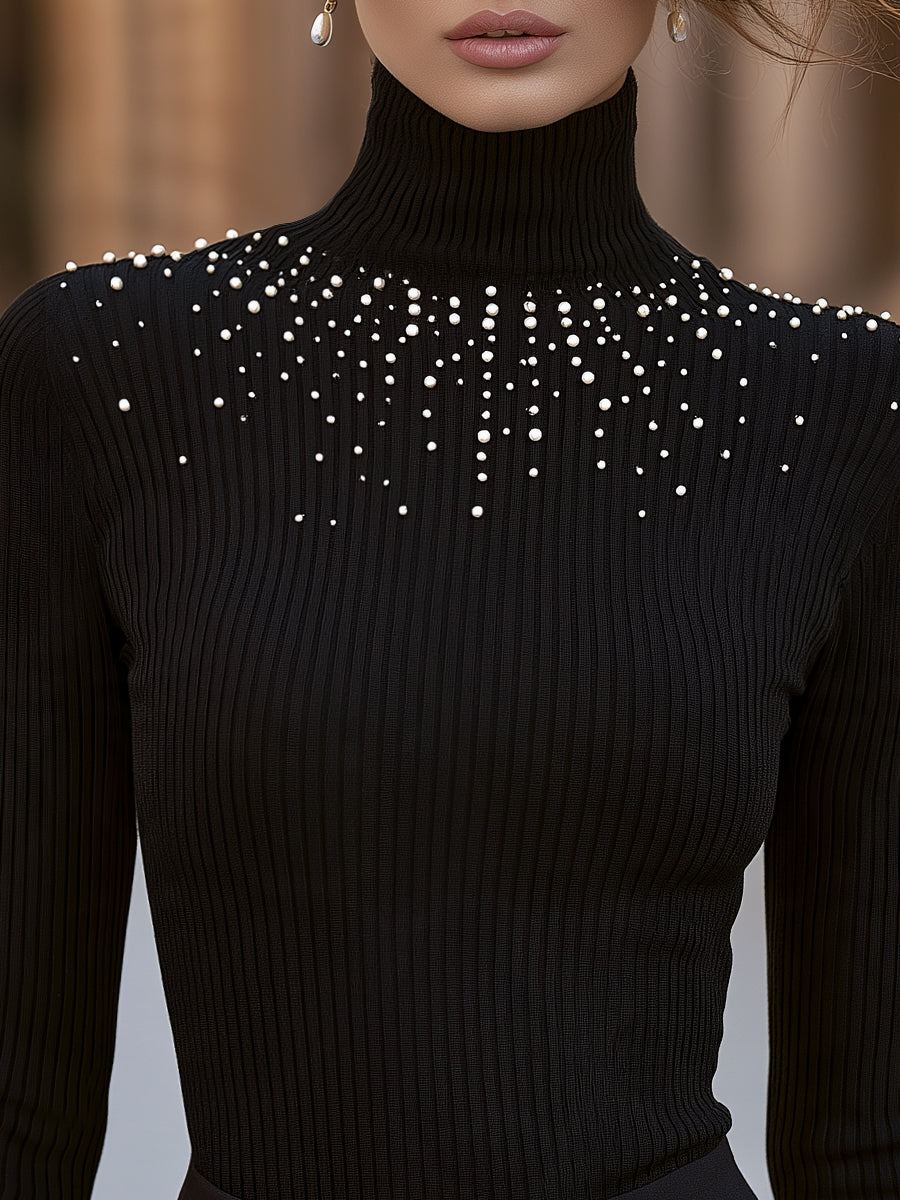 Ribbed Turtleneck Sweater with Pearl Embellishment Long Sleeve for Women