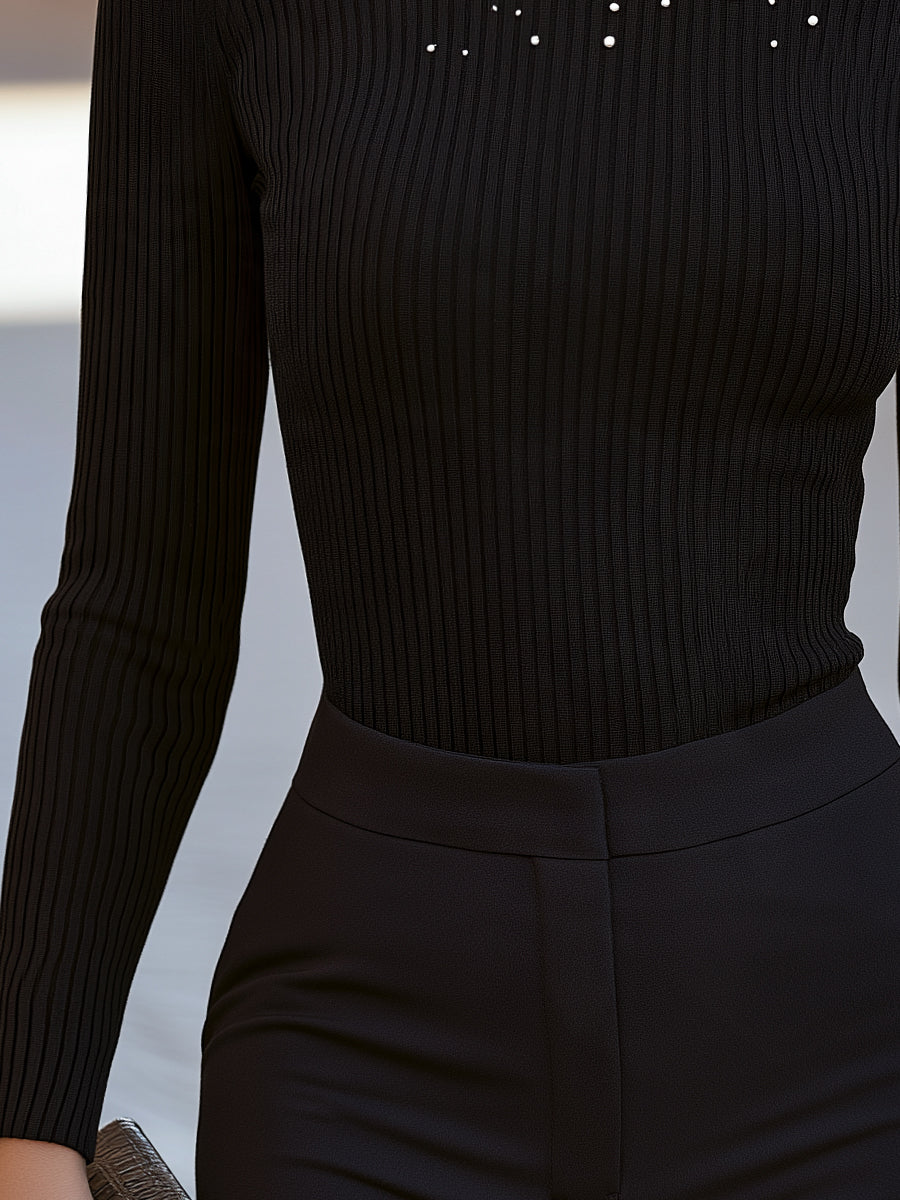 Ribbed Turtleneck Sweater with Pearl Embellishment Long Sleeve for Women