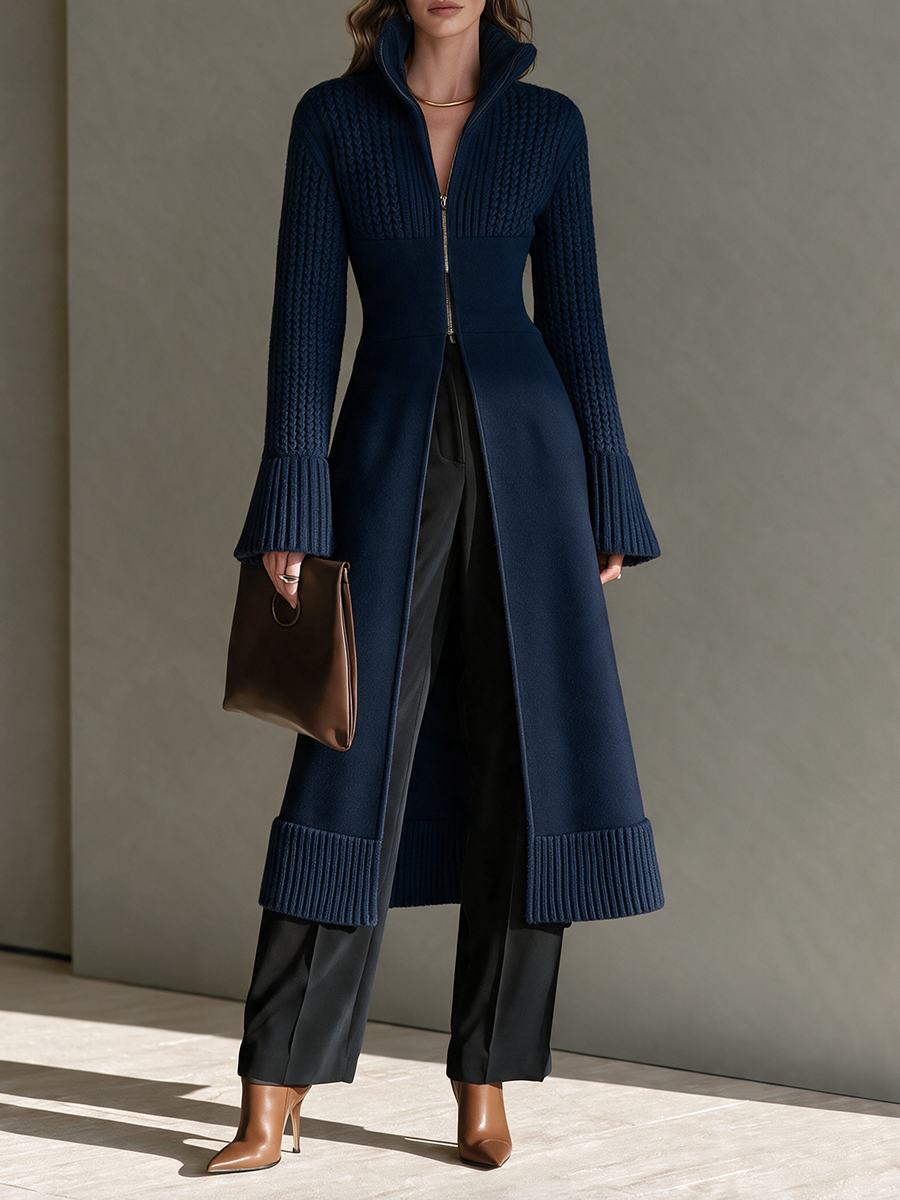 Cable Wool-Knit Longline Cardigan with Stand Collar, Zip and Bell Sleeves for Women