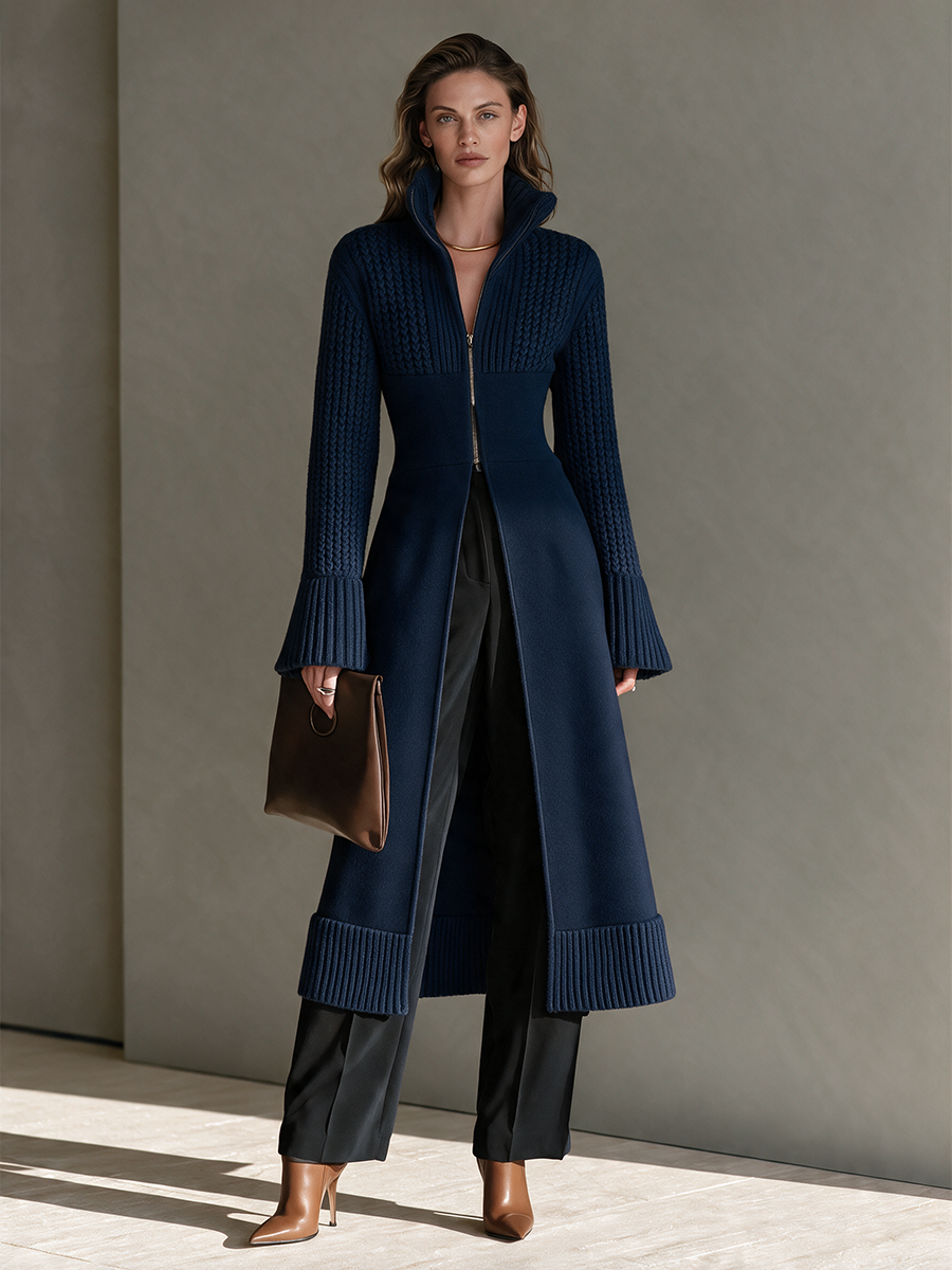 Cable Wool-Knit Longline Cardigan with Stand Collar, Zip and Bell Sleeves for Women